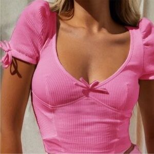 I AM GIA Nova Cute AF Cropped Top Crop Top Puff Sleeve Ribbed Knit Pink Small